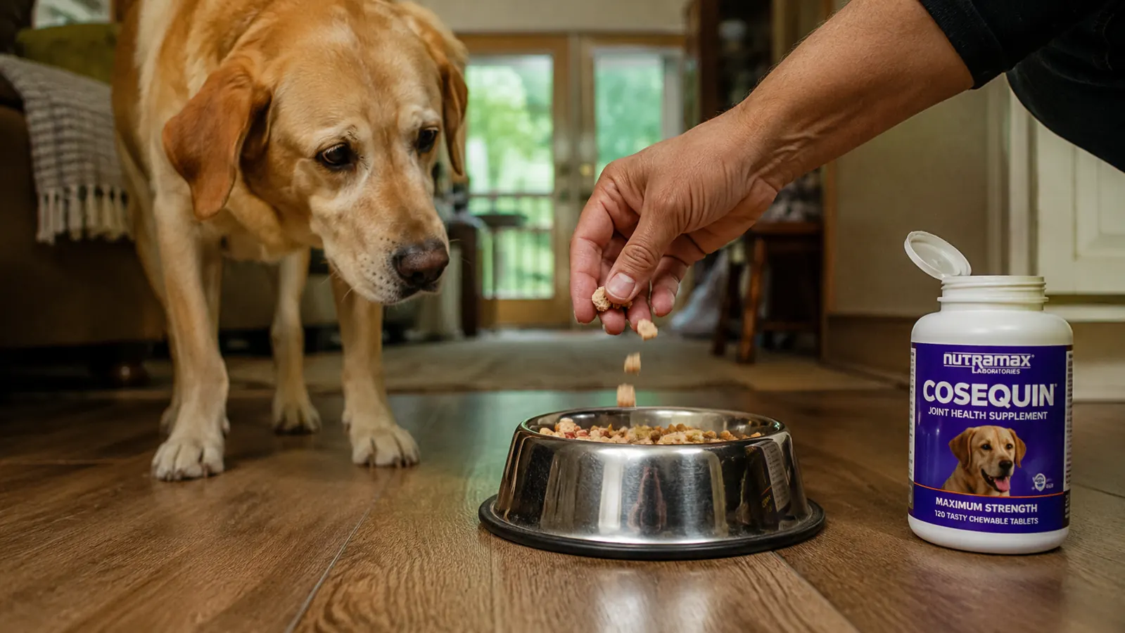 Hand sprinkling a chewable joint tablet on top of dry dog food in a stainless steel bowl