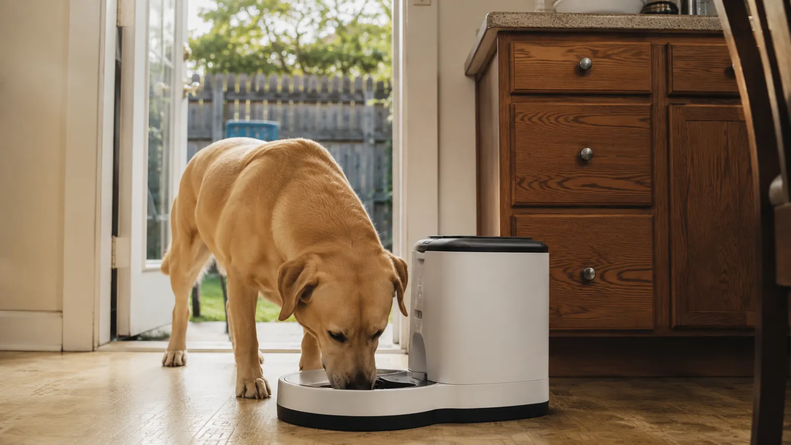 Small dog eating a portioned meal from an automatic feeder tray in a tidy kitchen