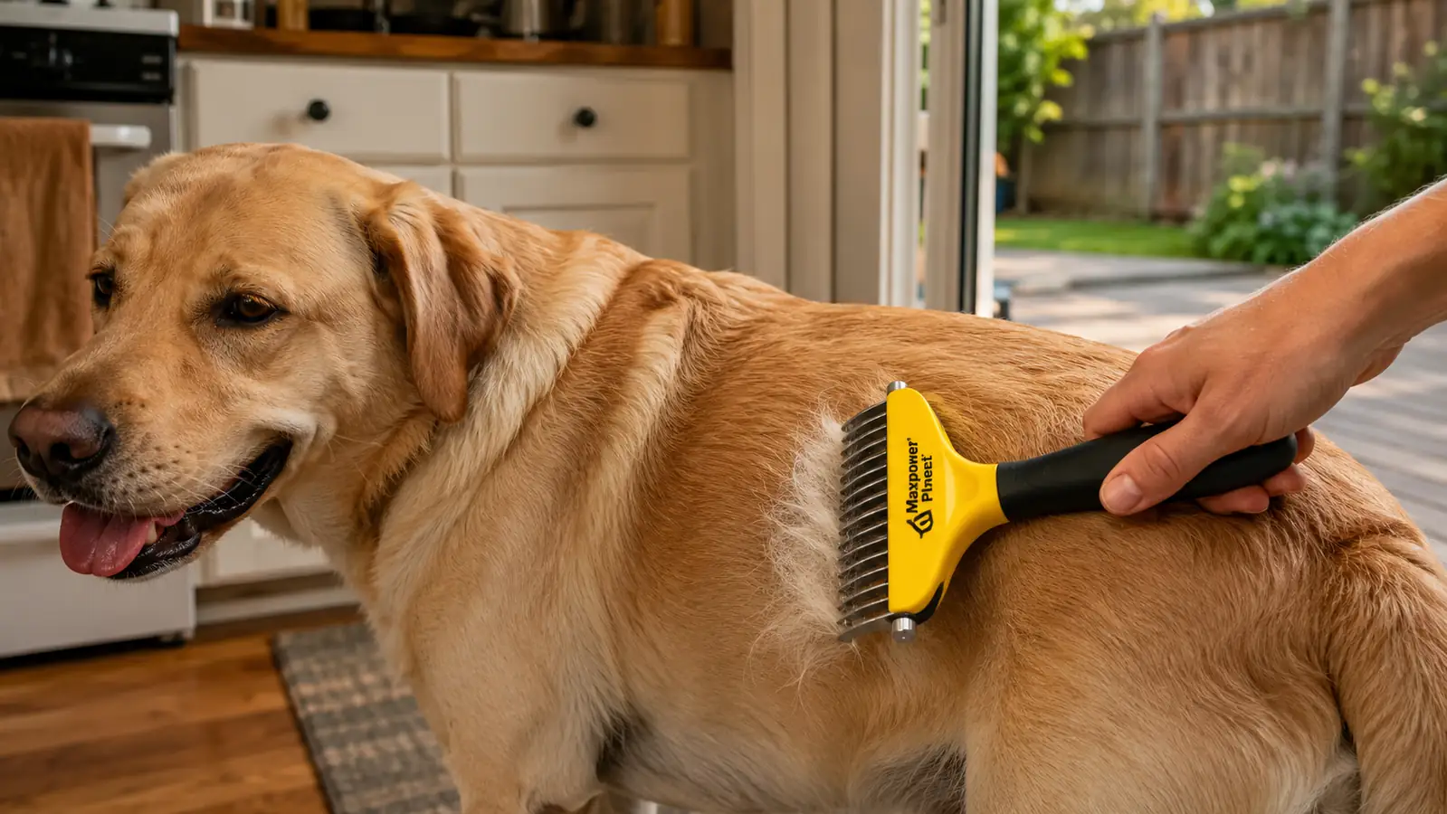 Hand using a double-sided grooming rake on a dog's back, showing the wide metal teeth pulling out loose undercoat