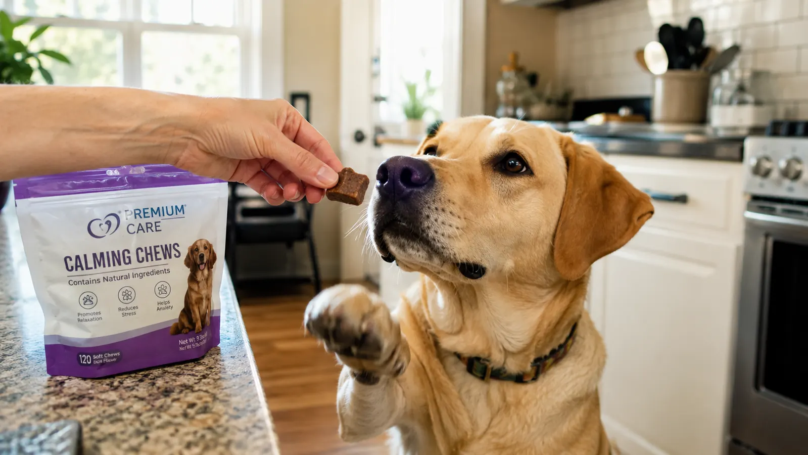 Hand offering a soft calming chew treat to a dog in a kitchen