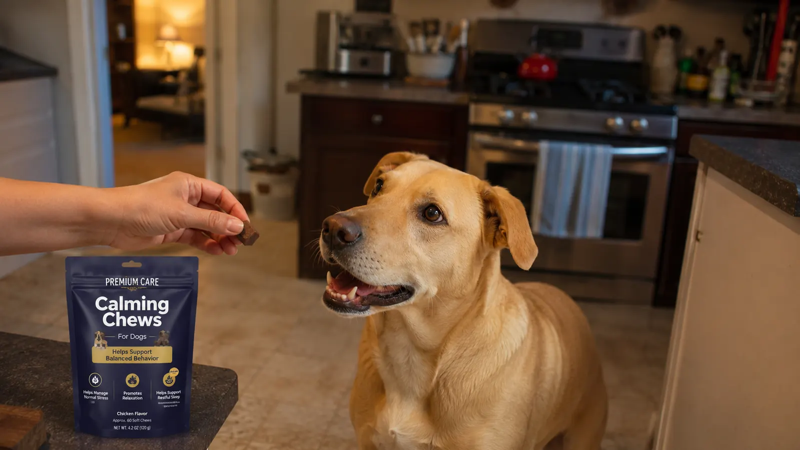 Hand offering a calming chew treat to a lab mix dog in a home kitchen