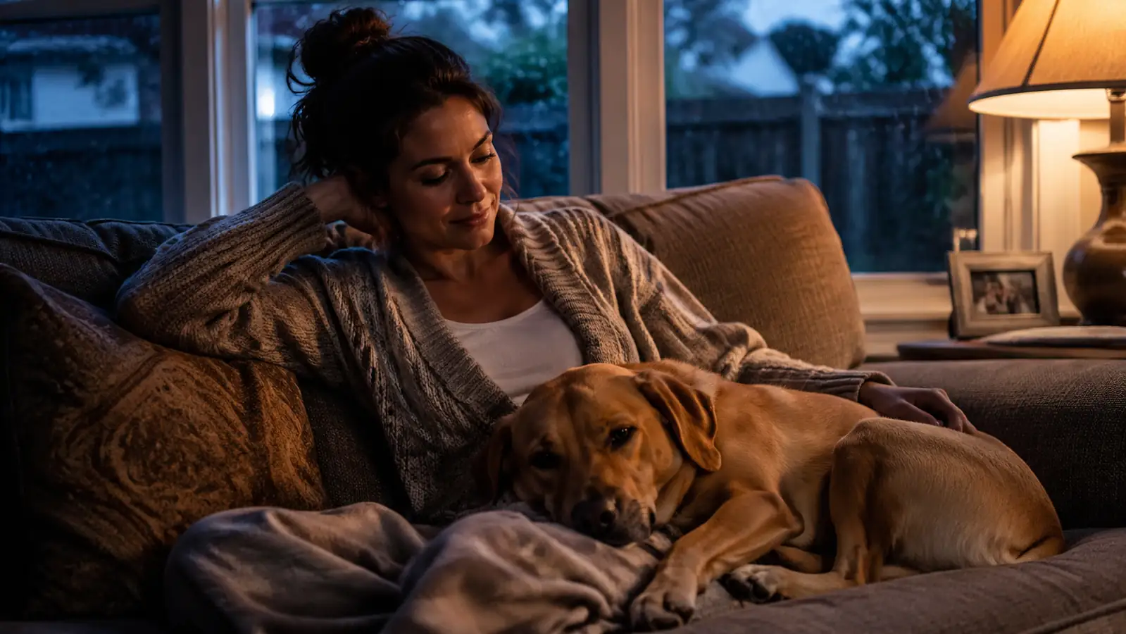 Woman sitting calmly on the couch with her relaxed lab mix dog resting beside her after a storm has passed