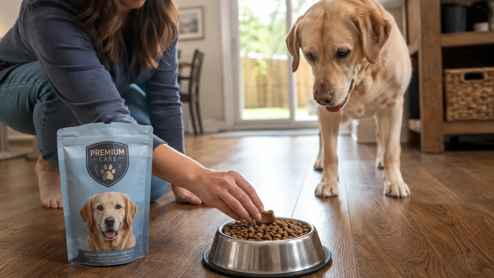 Hand placing a soft calming chew tablet into a stainless steel dog food bowl