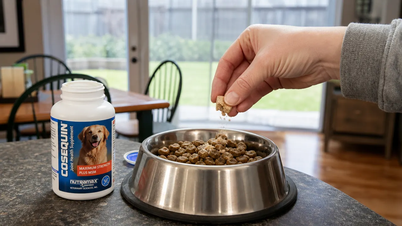 Hand splitting a Cosequin chewable tablet into a kibble bowl on a kitchen counter
