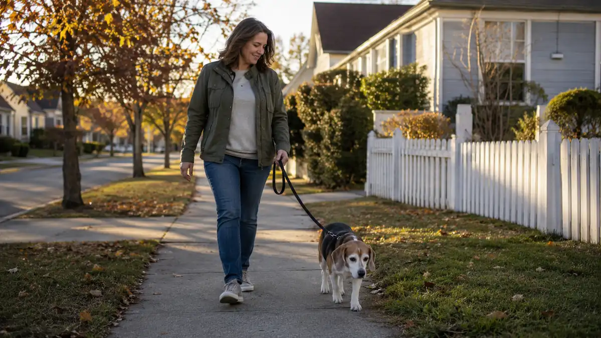 Senior Beagle walking on a leash next to its owner on a neighborhood sidewalk