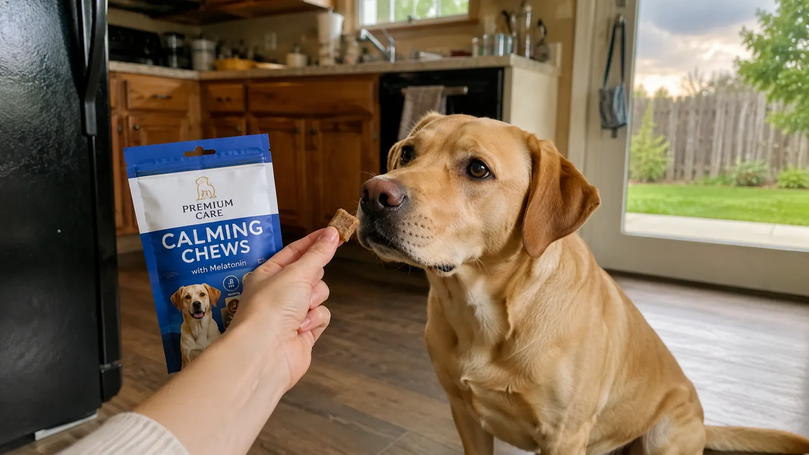 A hand offering a calming chew to a dog in a kitchen before a storm rolls in