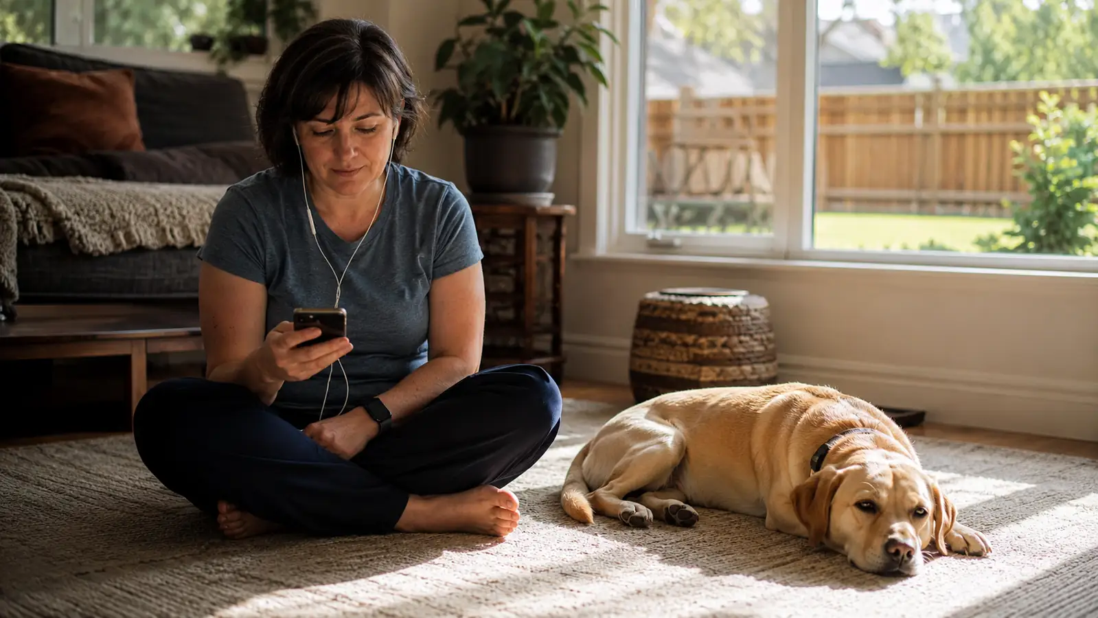 A person sitting on the floor with a phone playing a low-volume thunderstorm sound while a calm dog lies nearby on a sunny day