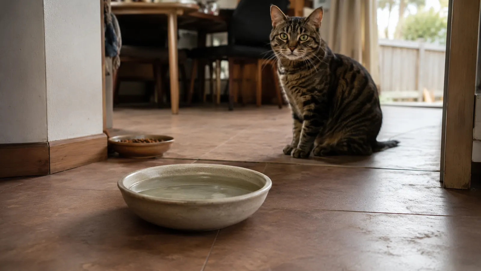 Wide shallow ceramic water bowl set on the floor away from a cat's food dish