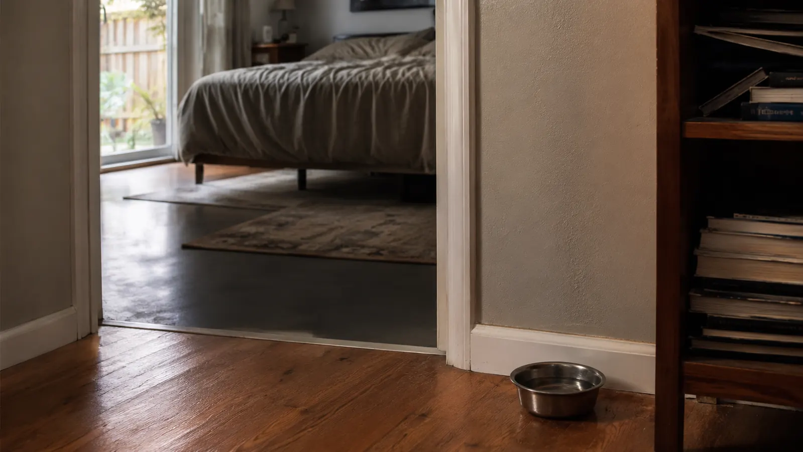 A second small water bowl placed on the floor near a hallway, separate from the main kitchen water station