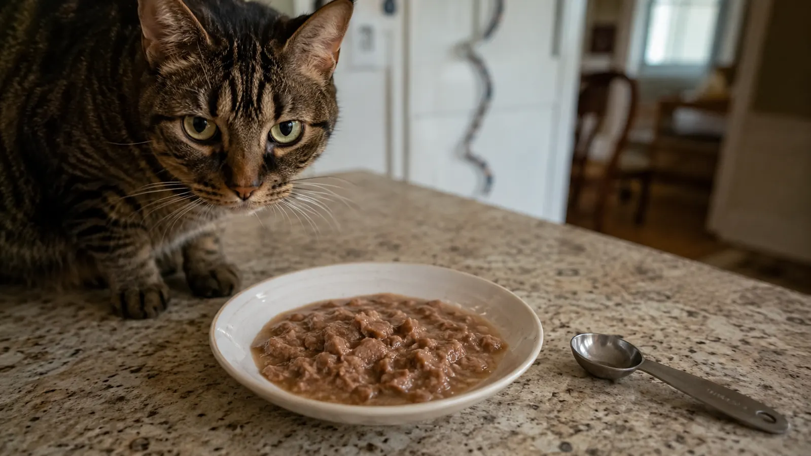 Bowl of wet cat food with a small amount of water stirred in, next to a measuring spoon