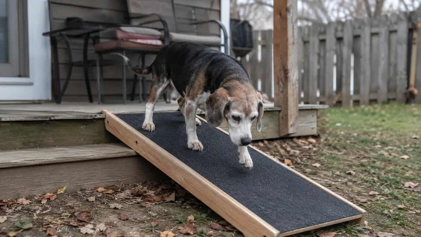Older dog walking carefully down a short ramp placed over porch steps