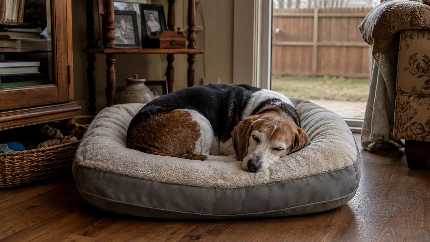 Senior dog resting on a thick orthopedic foam bed in the corner of a living room