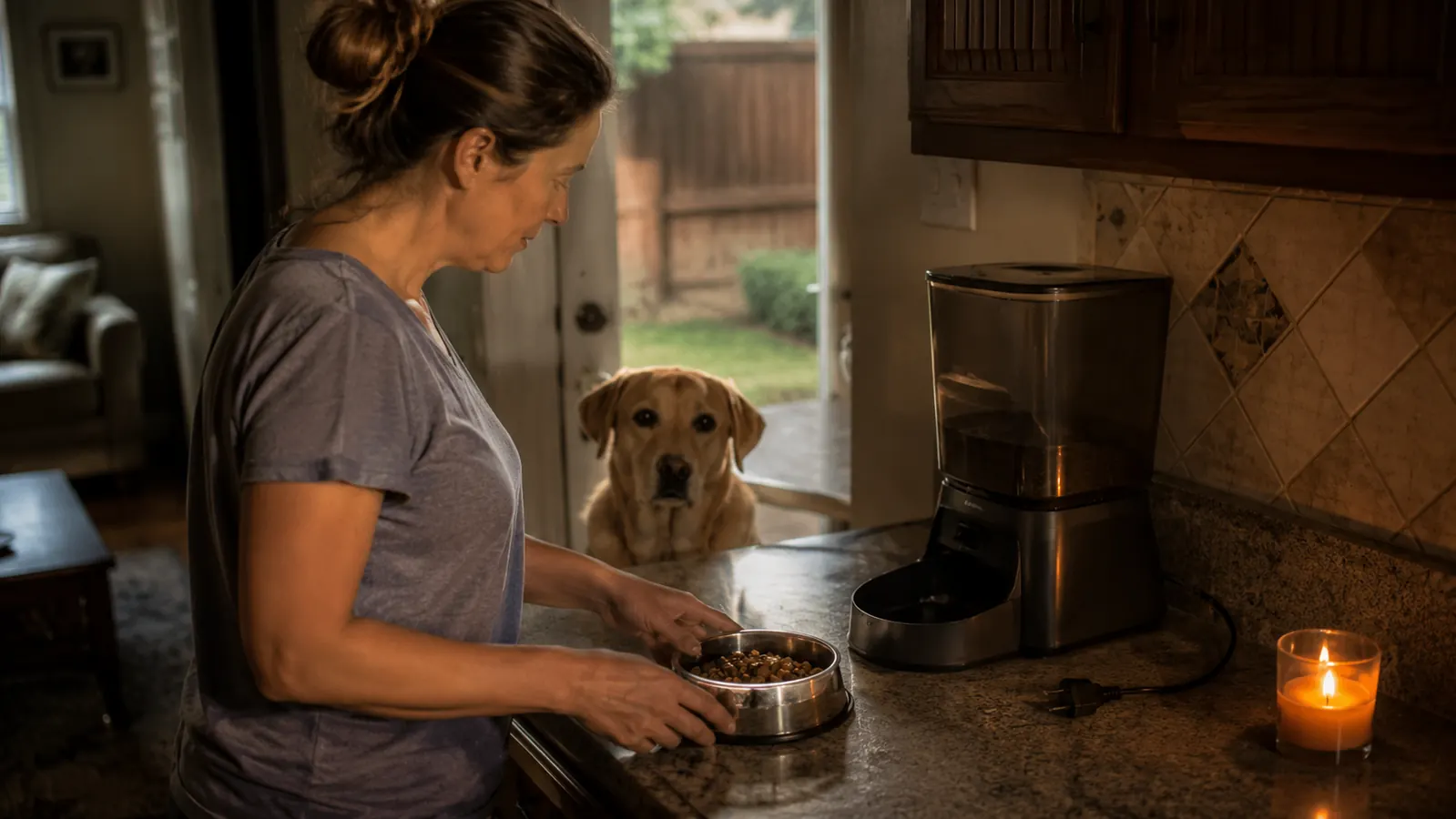 Dog owner checking a manual bowl of food set aside as a backup next to an automatic feeder during a power outage