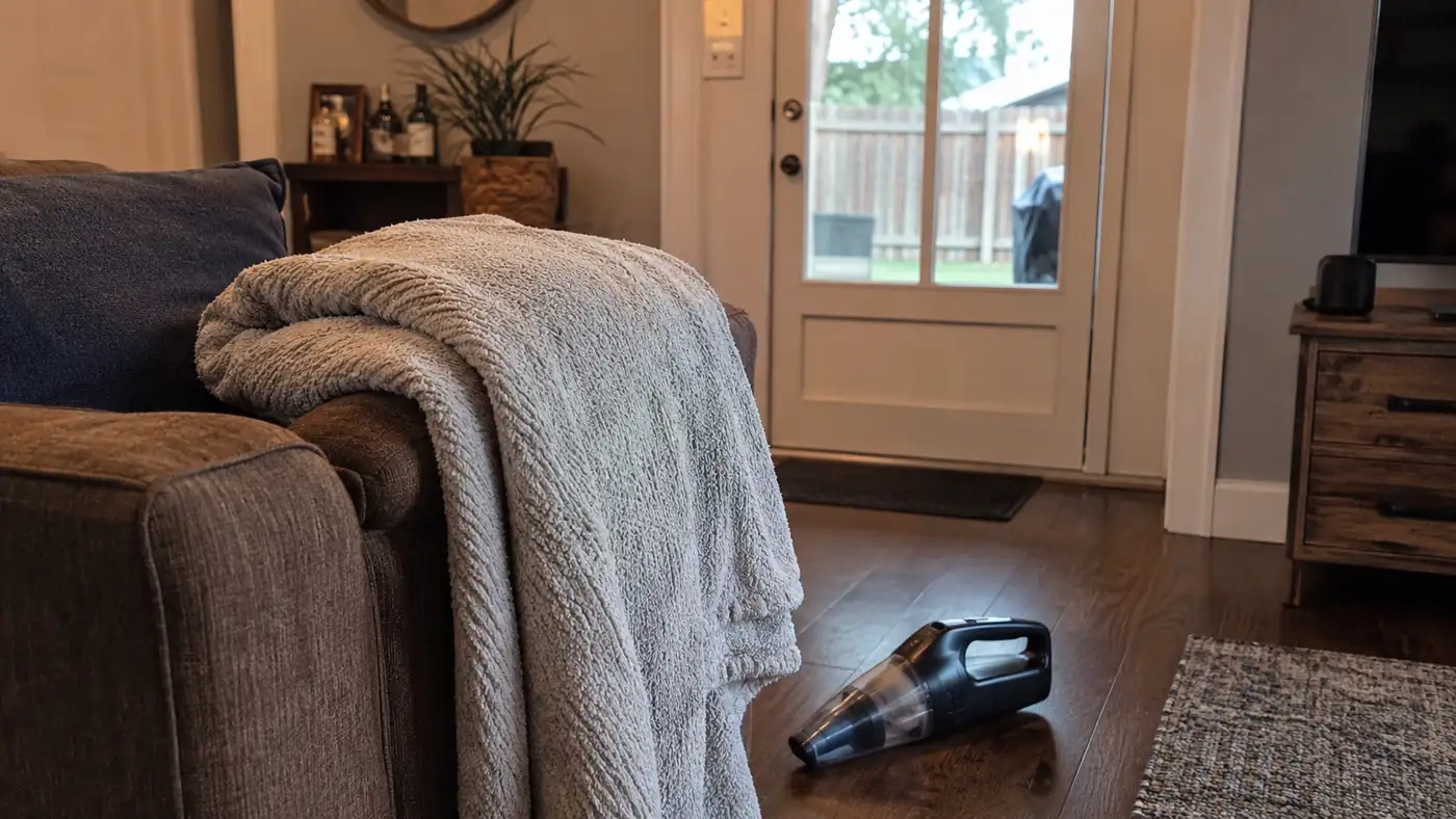 Washable throw blanket folded over the arm of a couch with a handheld vacuum resting nearby on the floor