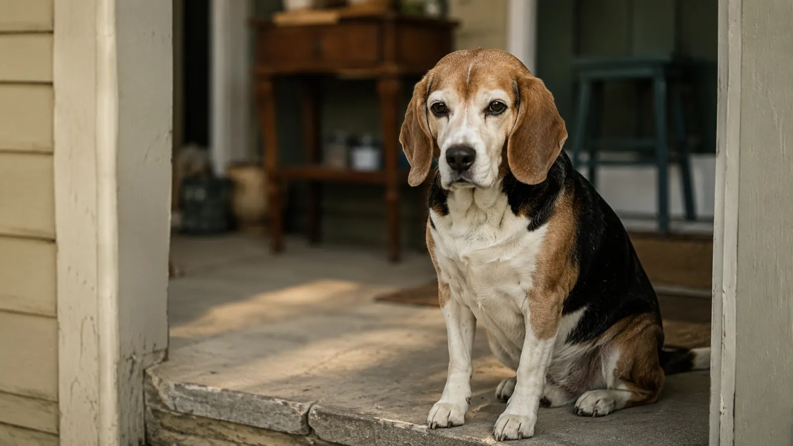 Senior Beagle with a short smooth coat sitting calmly, an example of a coat type that doesn't need a deshedding rake