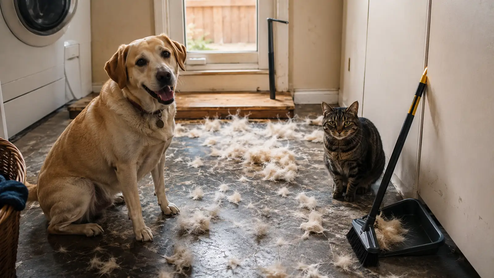 A cluttered laundry room floor covered in scattered clumps of loose dog fur after an indoor grooming session