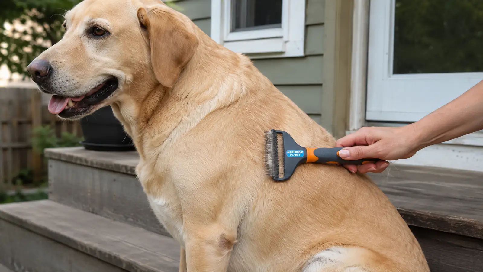 Hand using a double-sided deshedding rake through a dog's thick undercoat on a porch