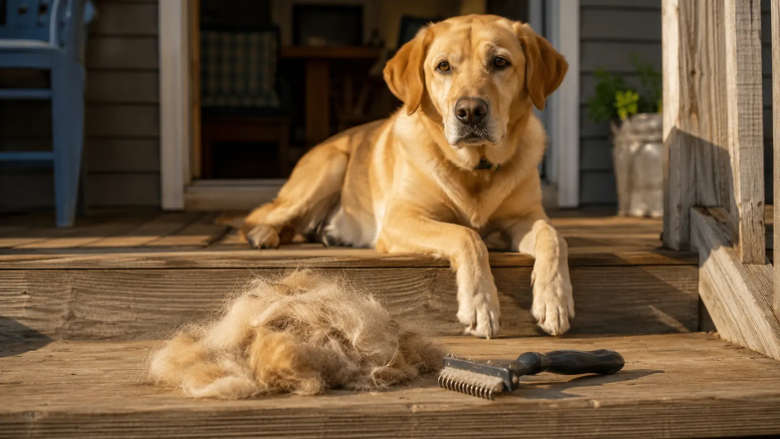 Small pile of loose golden and brown dog undercoat fur next to a grooming brush on a porch step