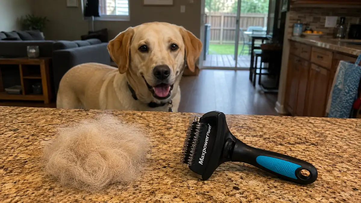 Small pile of collected loose dog undercoat hair next to the grooming rake on a kitchen counter
