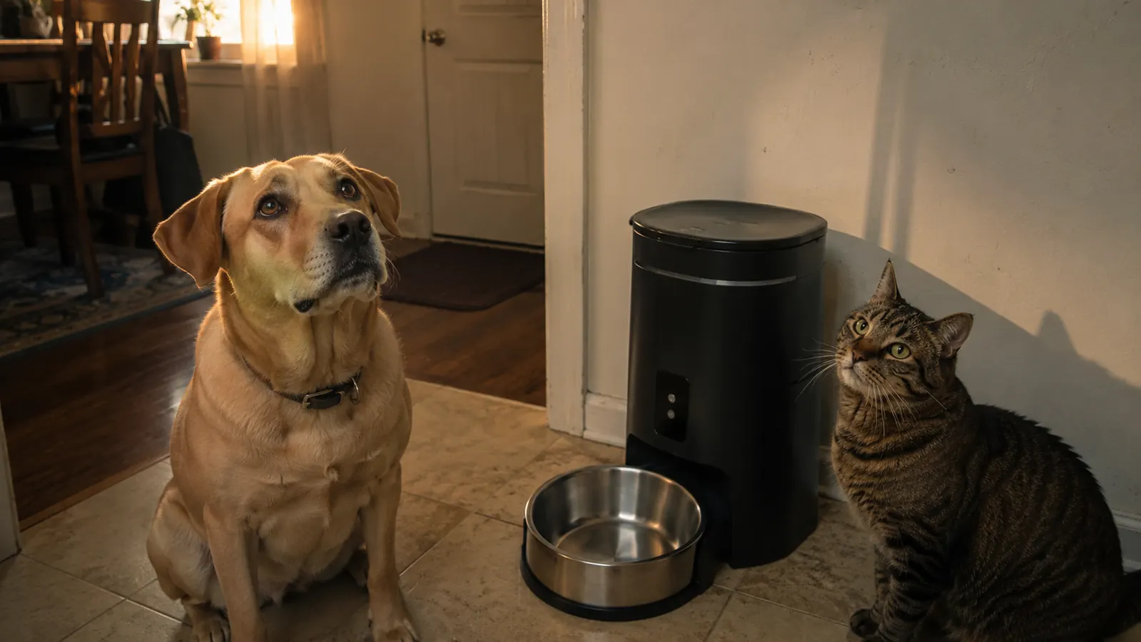 Empty food bowl next to the feeder with its low-battery light unlit, dog looking up expectantly and no meal dispensed