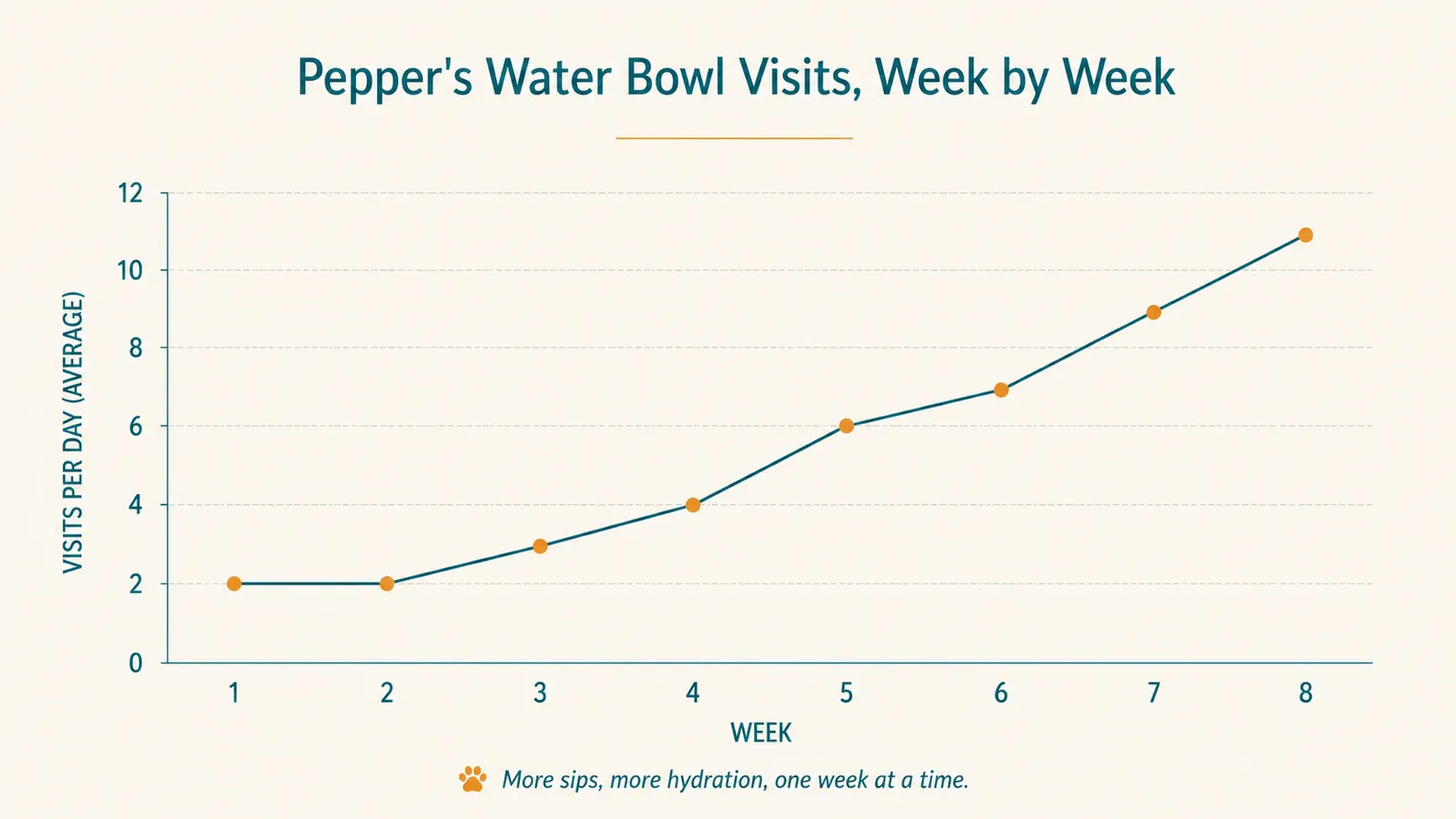 Chart showing a cat's daily trips to the water bowl over four weeks, trending upward after a fountain was introduced