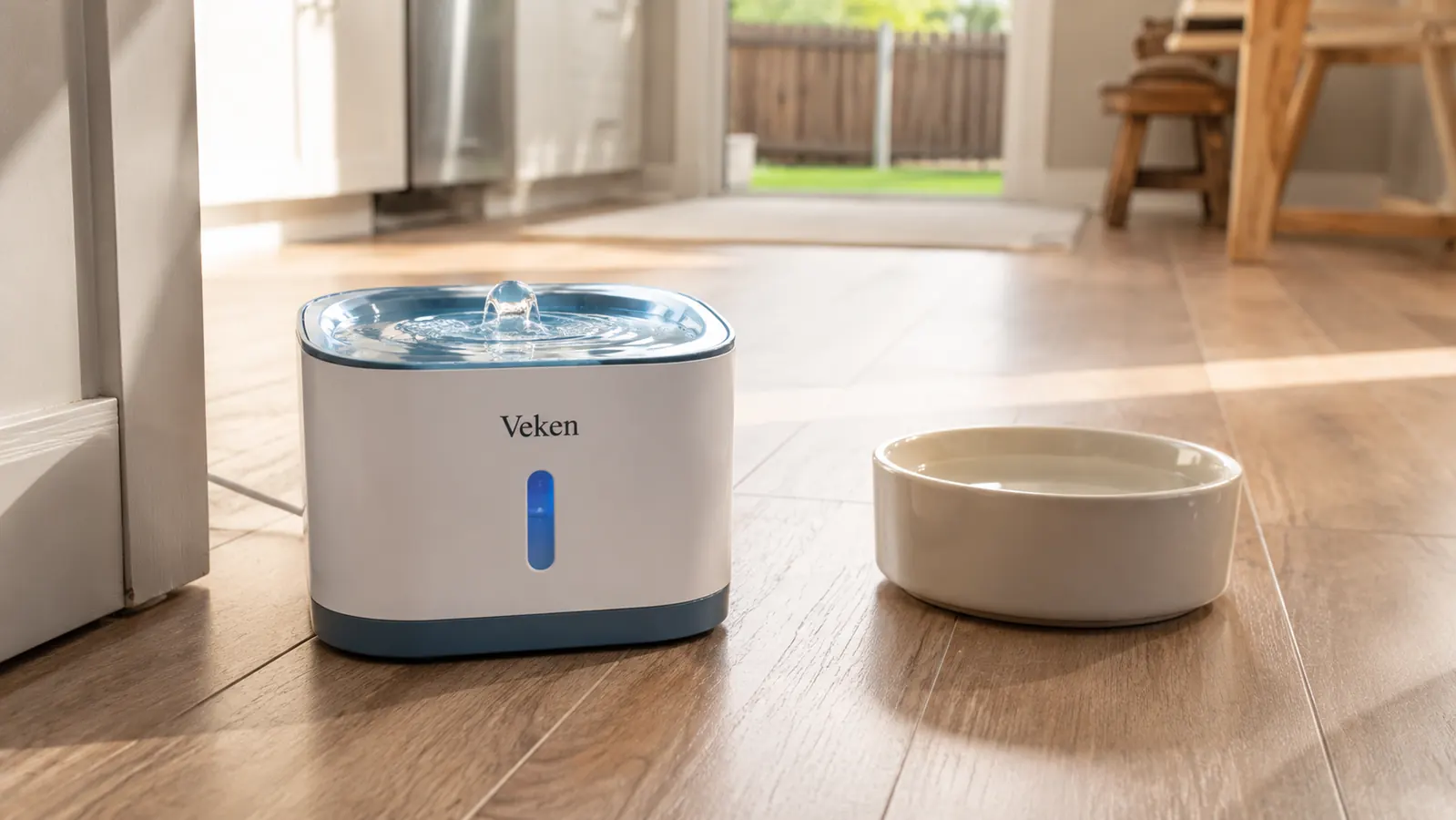 Veken pet fountain and a plain ceramic water bowl placed side by side on a kitchen floor