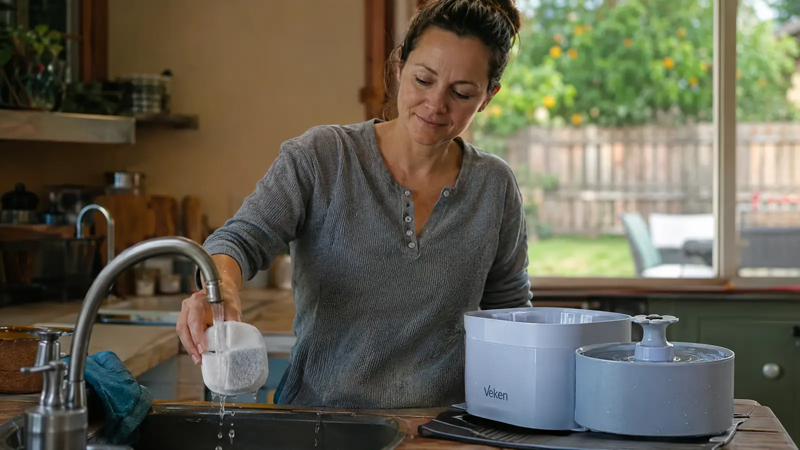 Hand rinsing the filter cartridge of a pet water fountain under a kitchen faucet