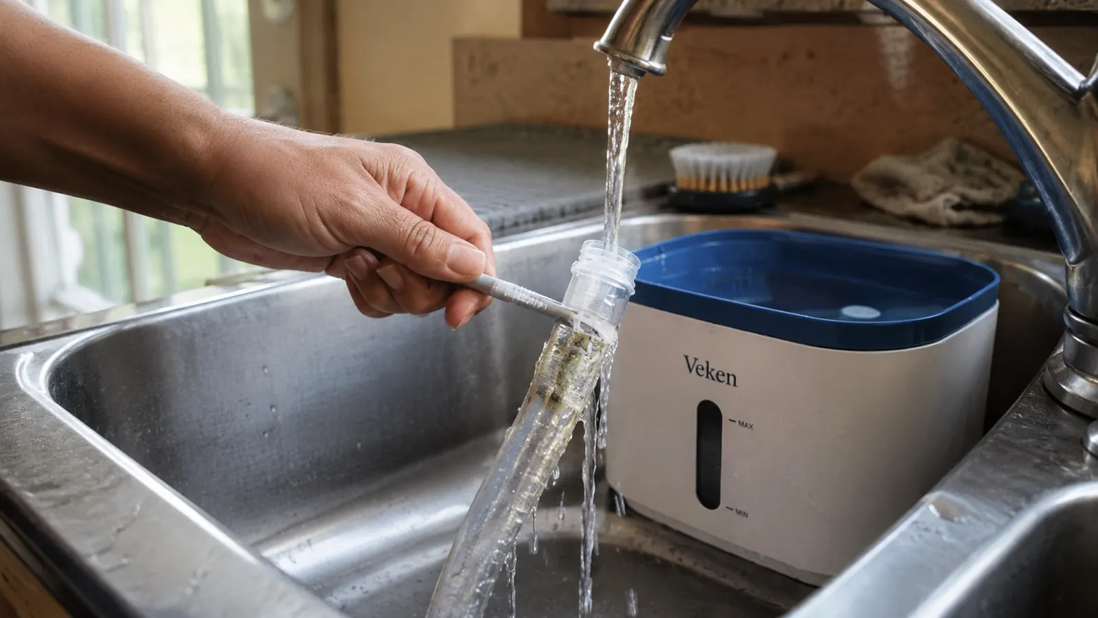 Hands scrubbing slime and mineral buildup out of the Veken fountain's water tubing under a faucet